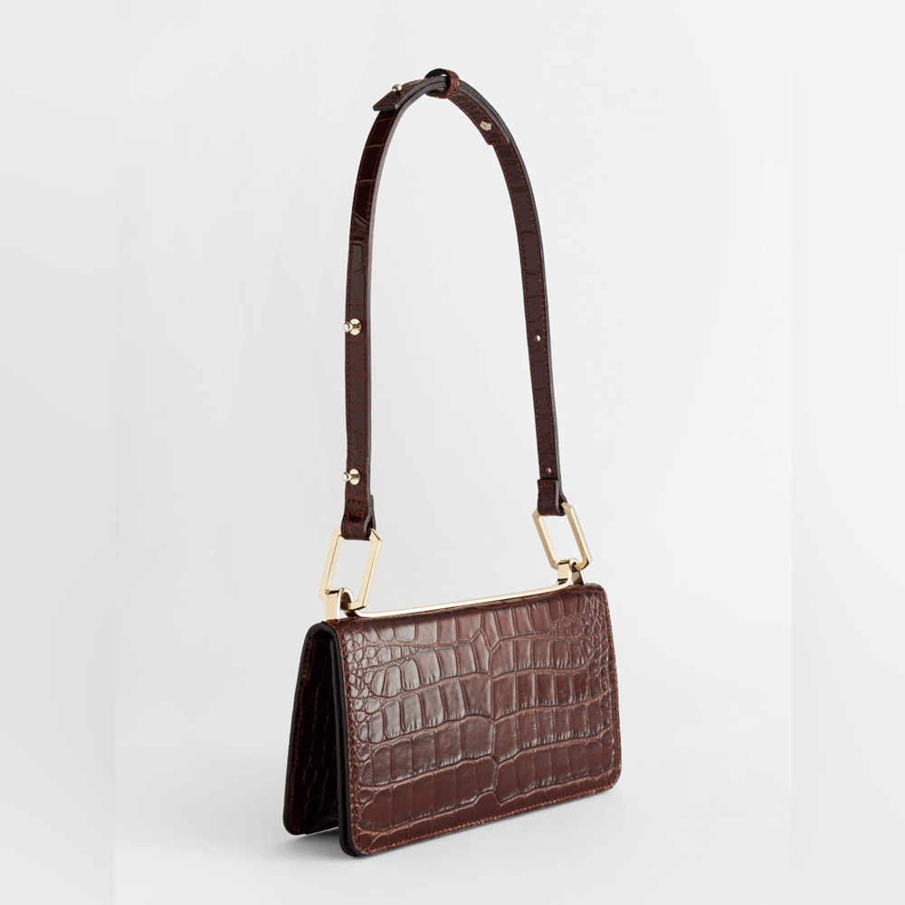 & Other Stories Chocolate Brown Leather Croc Embossed Shoulder Bag - Picture 4 of 6
